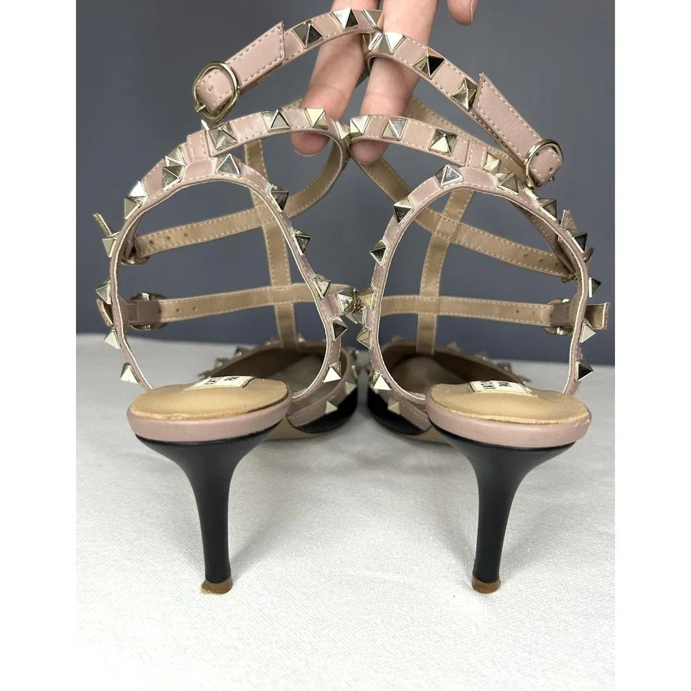 Kaitlyn Pan Shoes Womens 9 Black Studded Strappy Ankle Strap Pointed Toe Heels